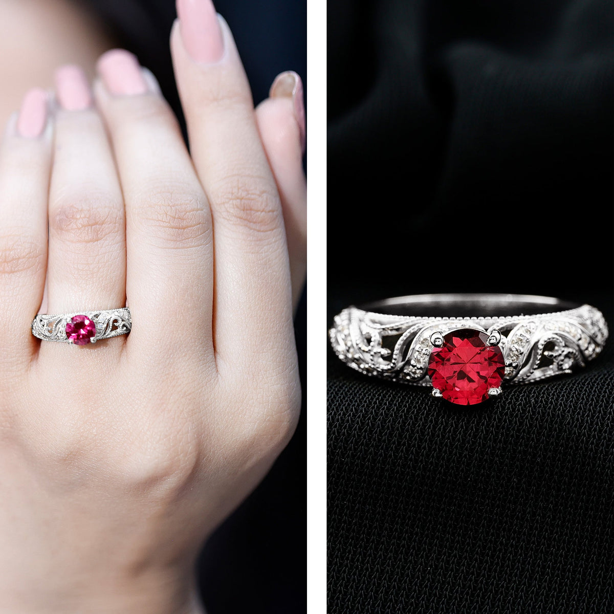 Anillo de compromiso de inspiración vintage con rubí y diamante creados en laboratorio