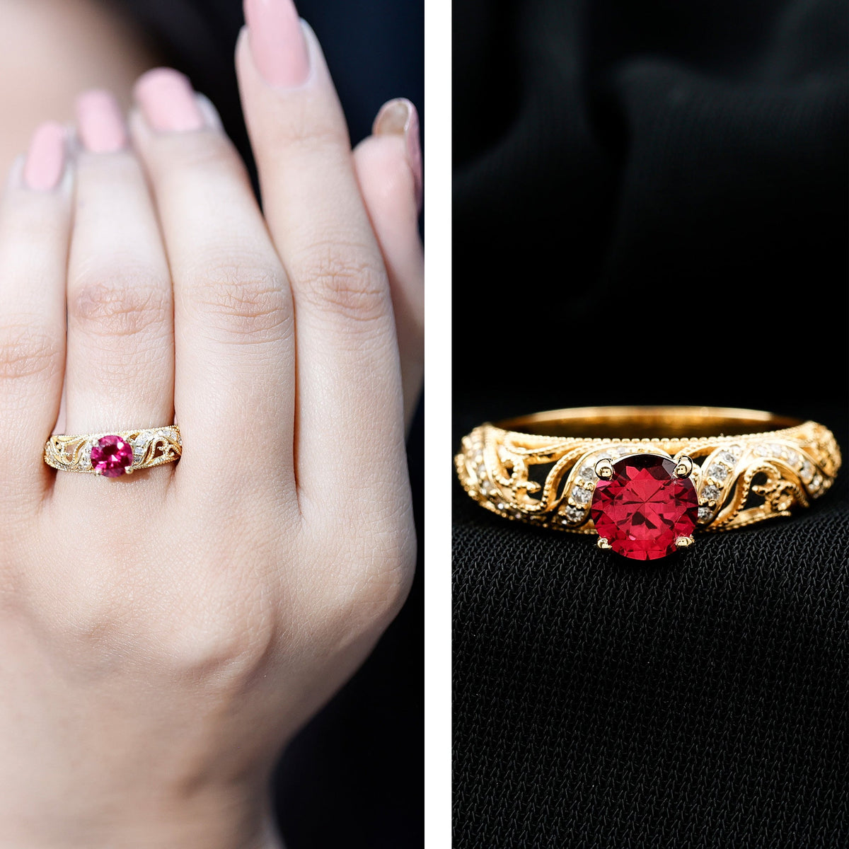Anillo de compromiso de inspiración vintage con rubí y diamante creados en laboratorio