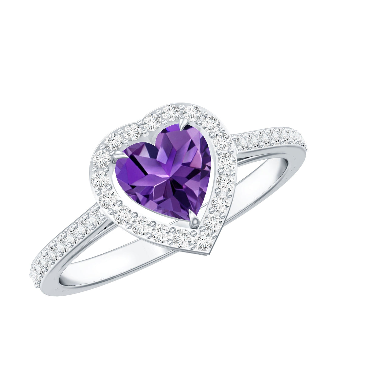 Anillo de compromiso con amatista natural en forma de corazón de 0,9 quilates y halo de diamantes