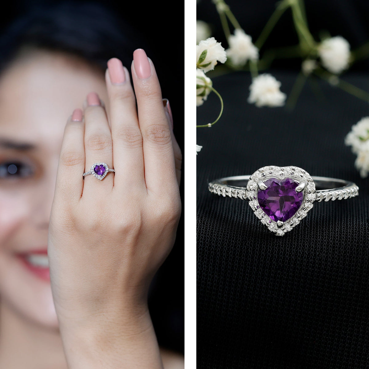 Anillo de compromiso con amatista natural en forma de corazón de 0,9 quilates y halo de diamantes