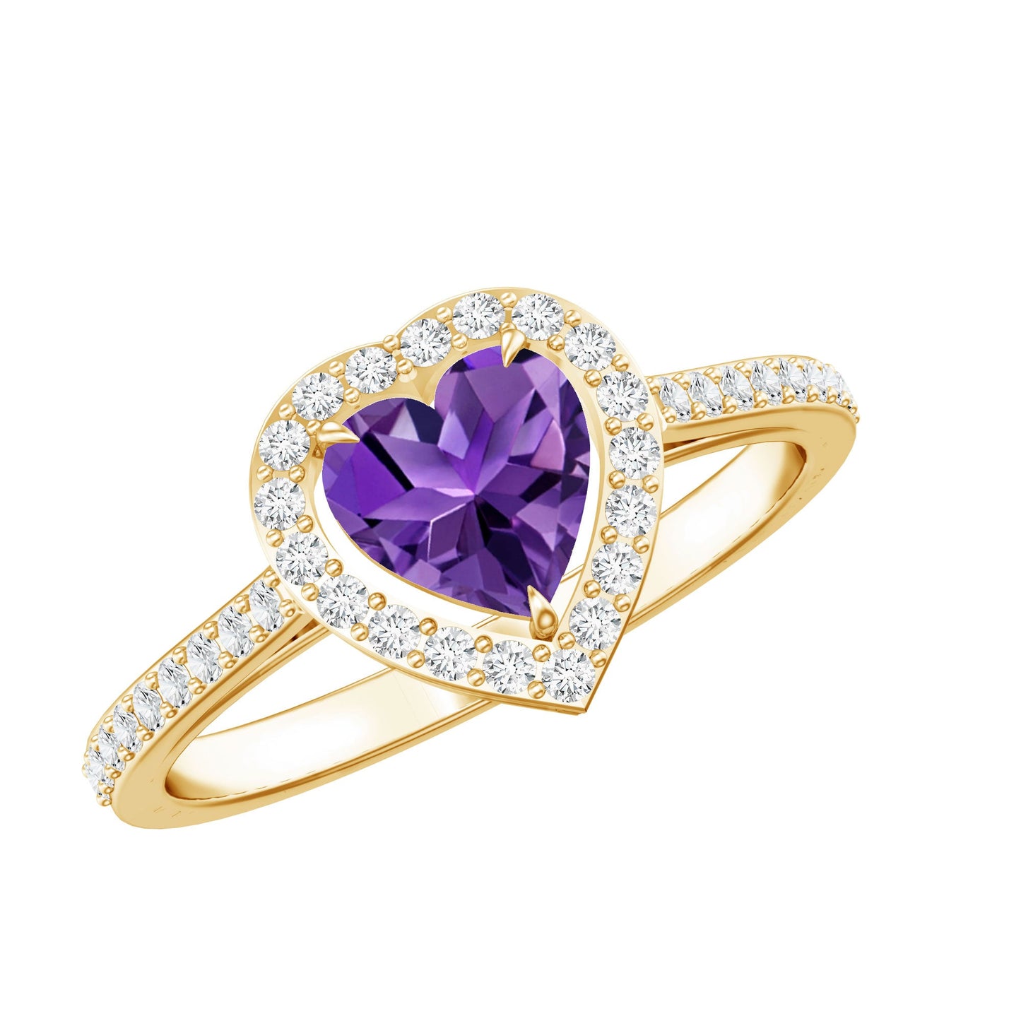 Anillo de compromiso con amatista natural en forma de corazón de 0,9 quilates y halo de diamantes