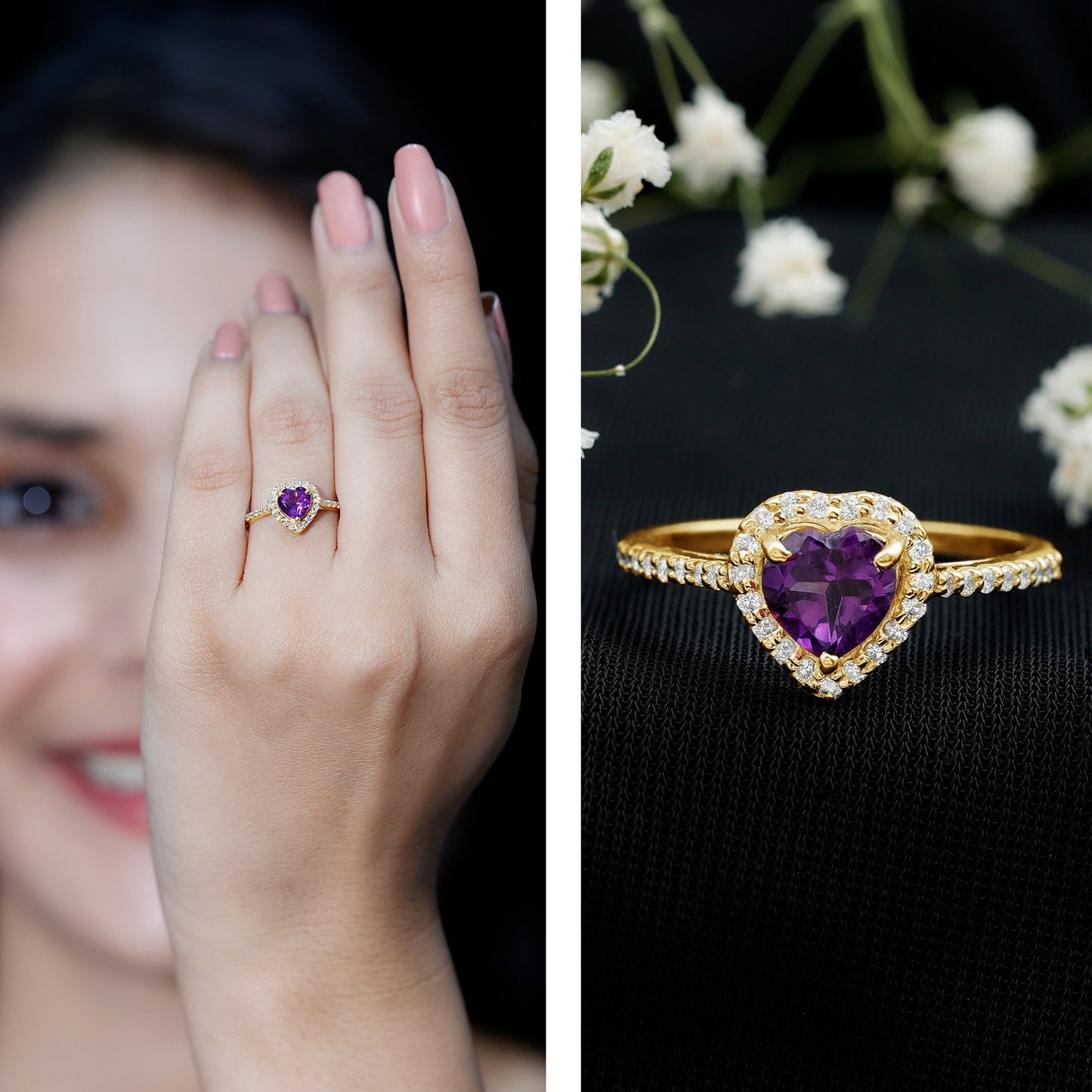 Anillo de compromiso con amatista natural en forma de corazón de 0,9 quilates y halo de diamantes