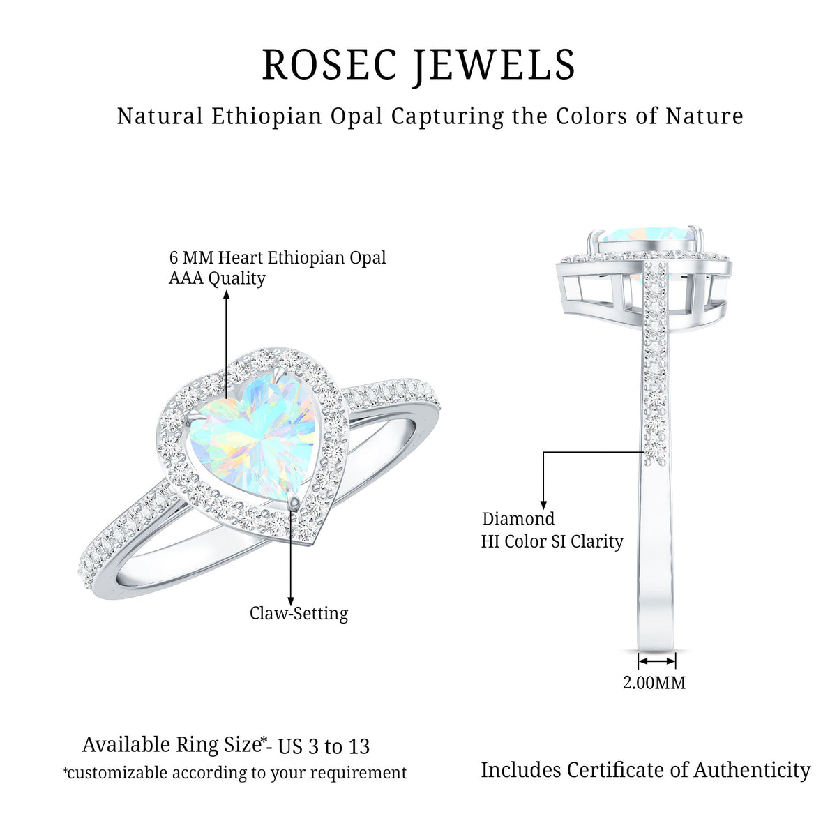 Natural Ethiopian Opal Heart Shaped Engagement Ring with Diamond Halo