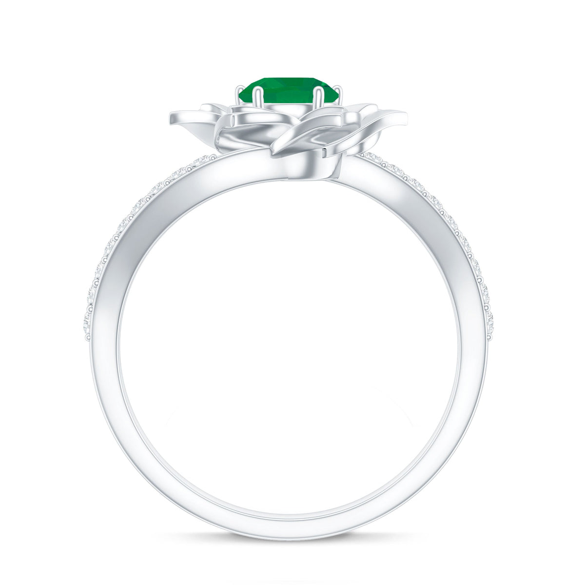 Certified Real Emerald Flower Engagement Ring with Diamond Bypass Shank