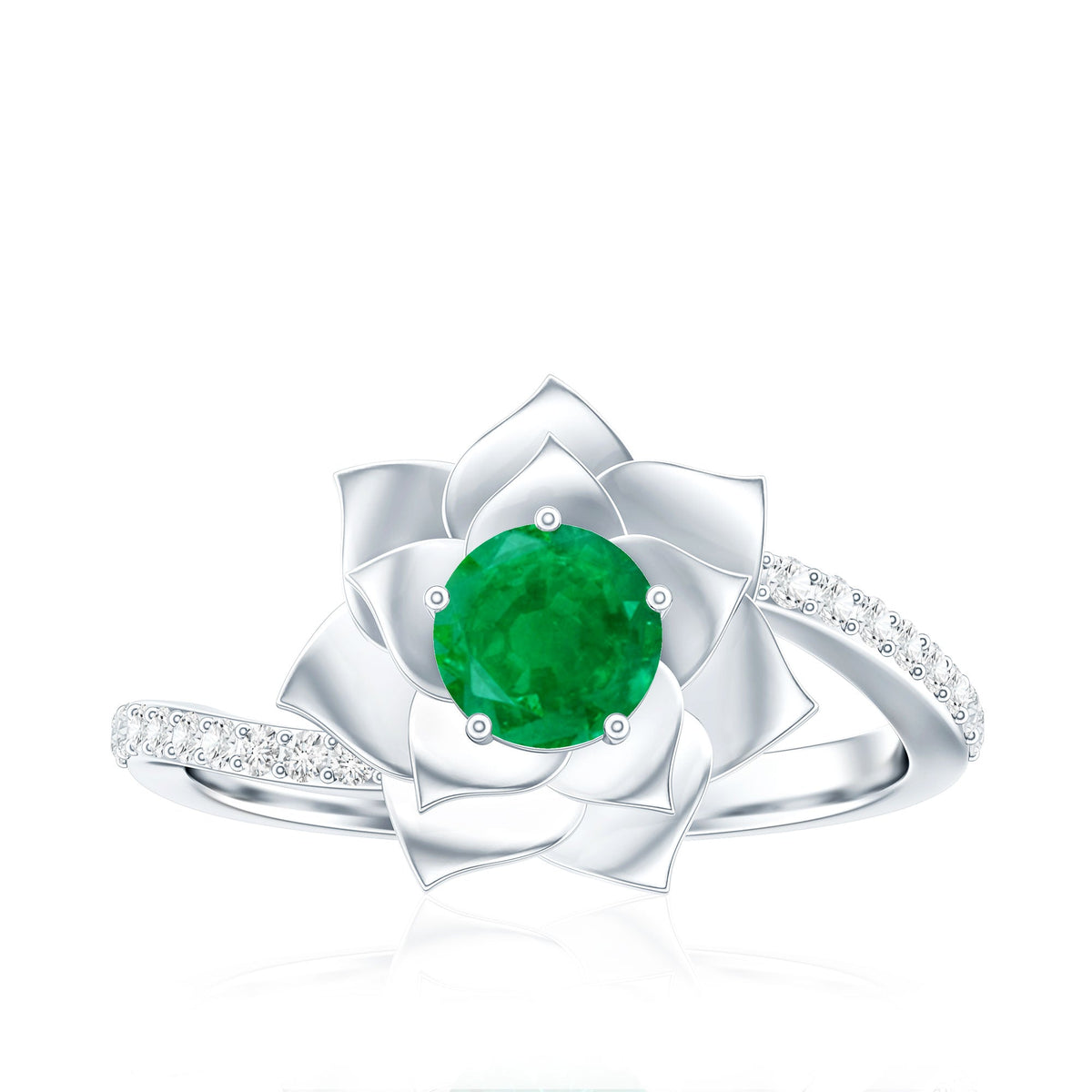 Certified Real Emerald Flower Engagement Ring with Diamond Bypass Shank