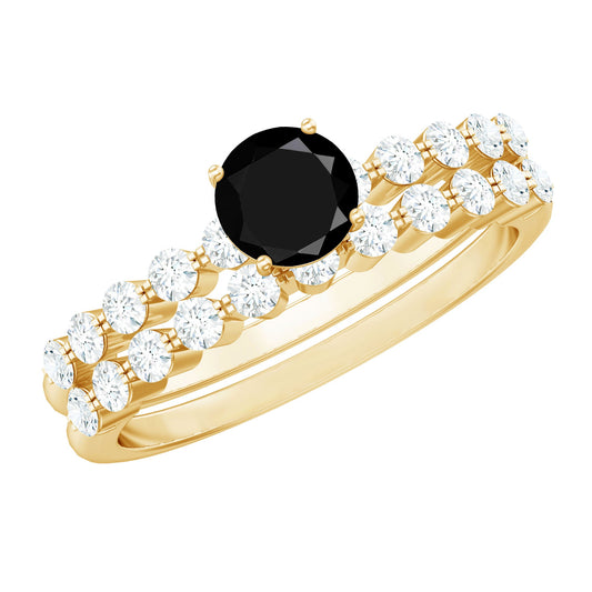Juego de anillos de boda apilables de ónix negro de talla redonda y diamantes