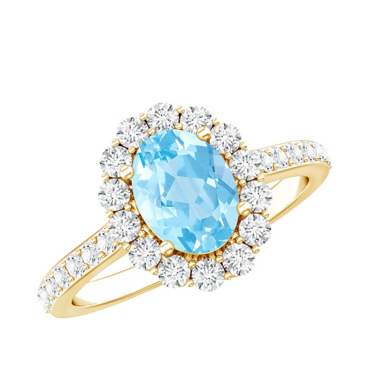 Anillo de compromiso de aguamarina ovalada de 1 quilate auténtica con halo y certificado