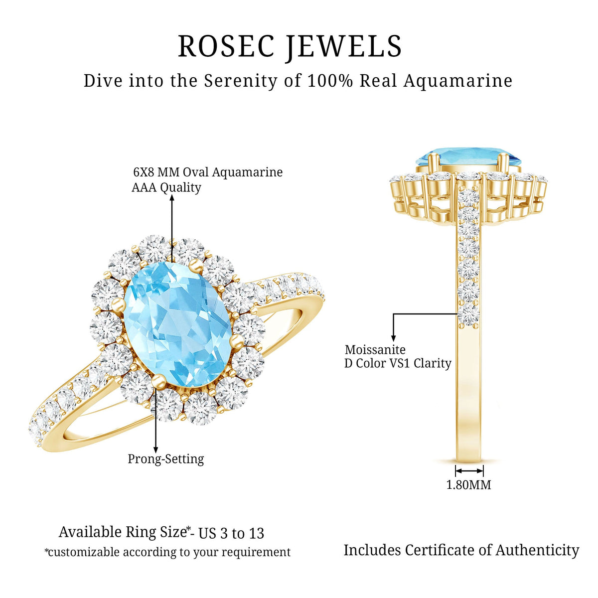 Real 1 Carat Oval Shape Aquamarine Halo Engagement Ring with Certificate