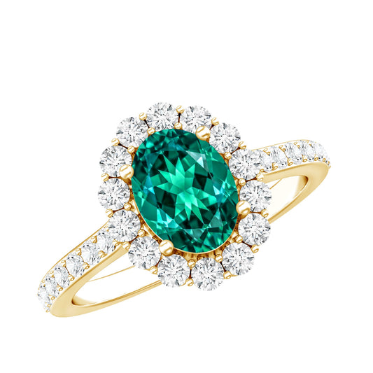 Anillo de compromiso con halo de esmeralda ovalada cultivada en laboratorio de 1,2 quilates certificado