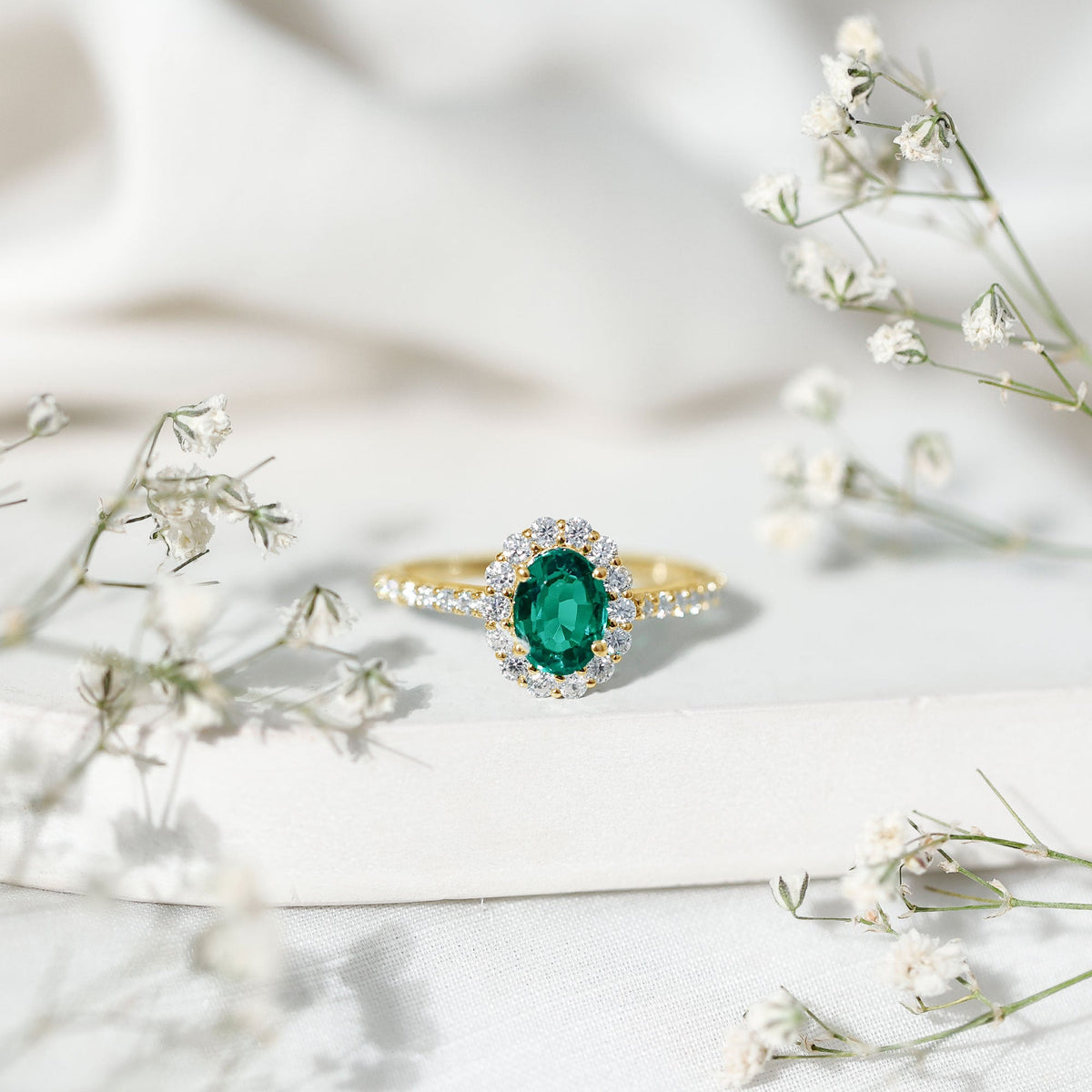 Certified 1.2 Carat Oval Lab Grown Emerald Halo Engagement Ring