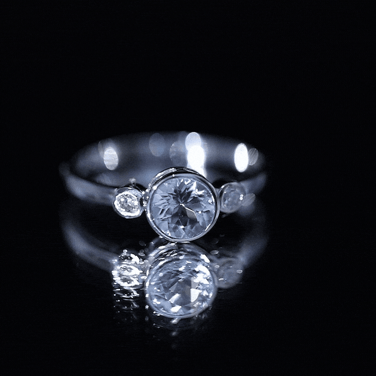 Anillo de compromiso de diamante y aguamarina auténtica con engaste biselado con certificado