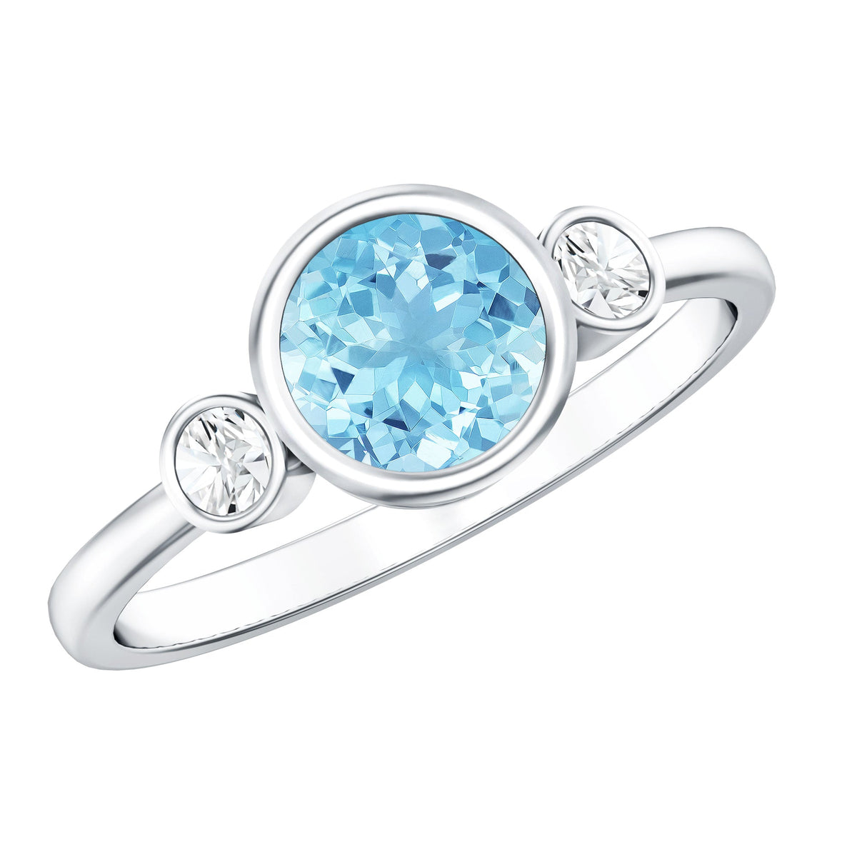 Anillo de compromiso de diamante y aguamarina auténtica con engaste biselado con certificado