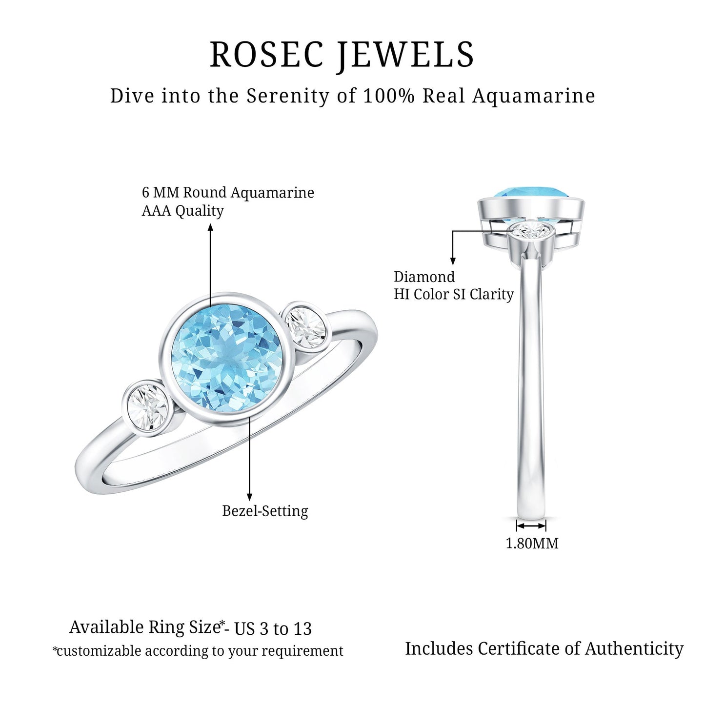Anillo de compromiso de diamante y aguamarina auténtica con engaste biselado con certificado