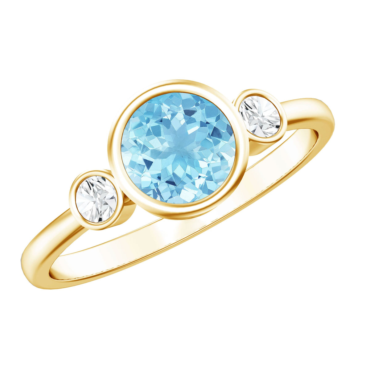Anillo de compromiso de diamante y aguamarina auténtica con engaste biselado con certificado