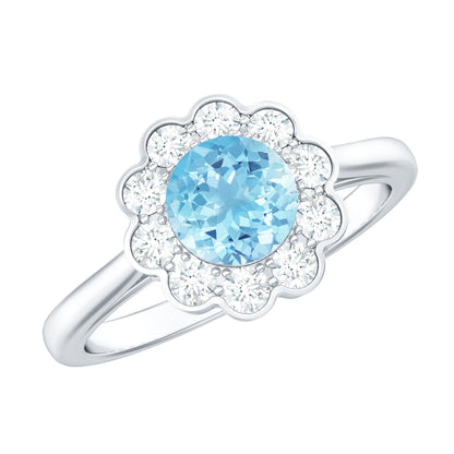 Certified 0.8 Carat Real Aquamarine Engagement Ring with Diamond Flower Halo