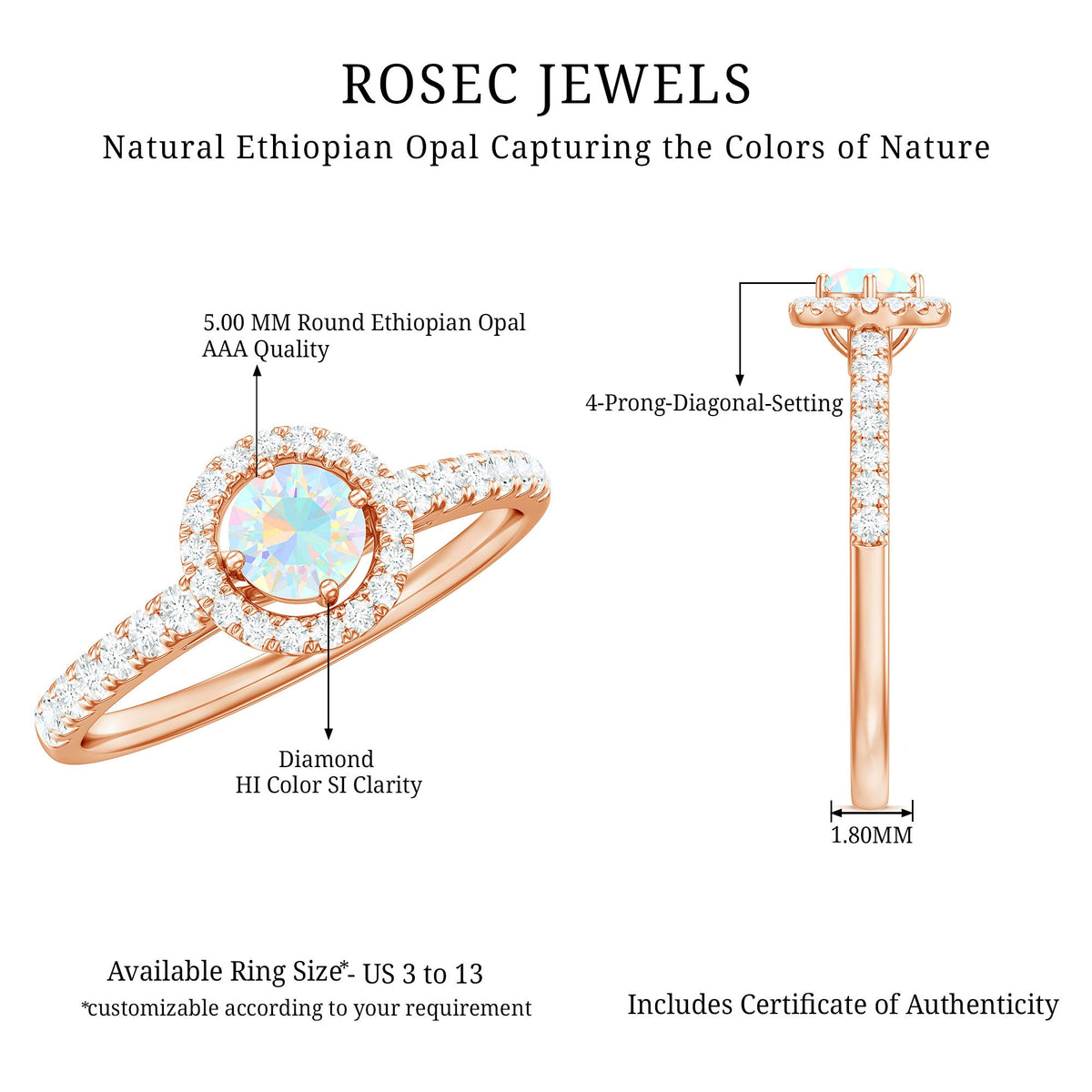 Anillo de compromiso de ópalo etíope natural con halo de diamantes