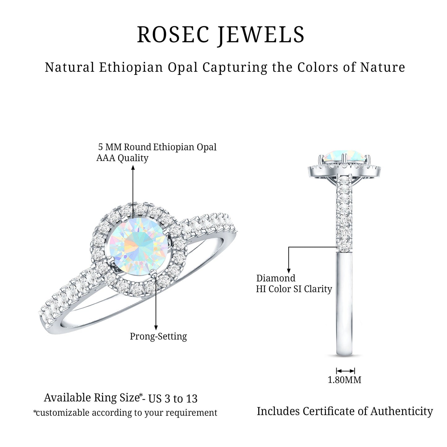 Anillo de compromiso de ópalo etíope natural con halo de diamantes