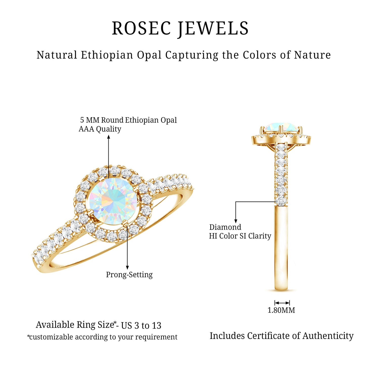 Anillo de compromiso de ópalo etíope natural con halo de diamantes