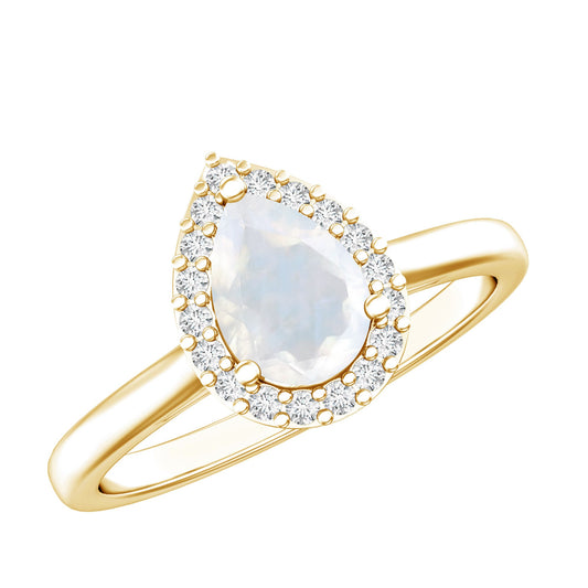 Anillo de compromiso con halo de piedra lunar en forma de pera y diamantes