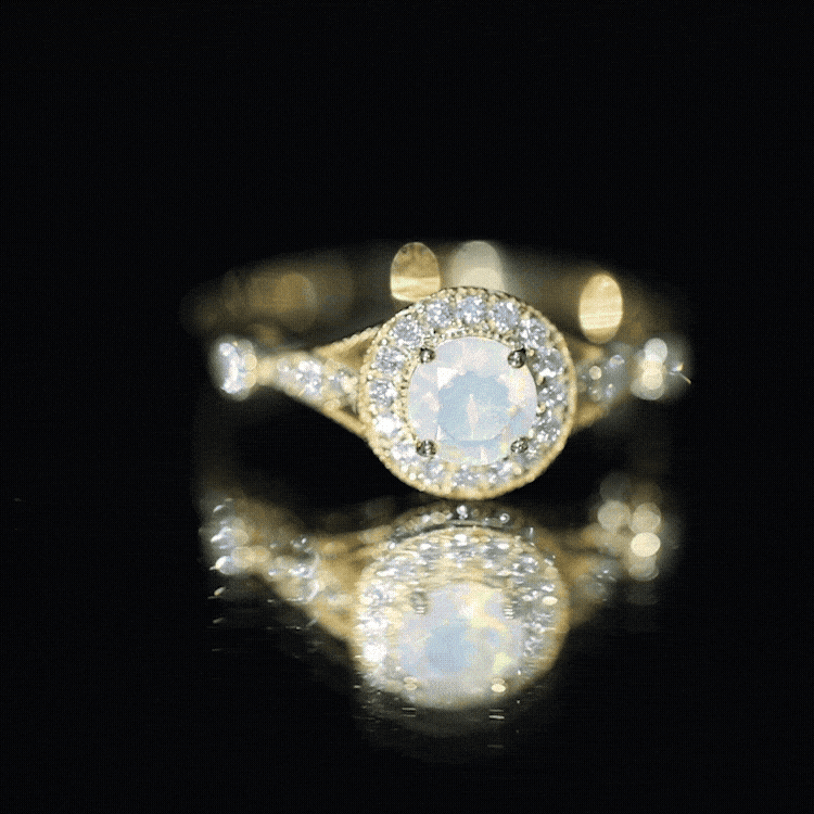 Genuine Ethiopian Opal Antique Looking Engagement Ring with Diamond Halo