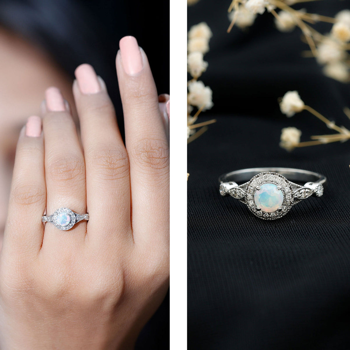 Genuine Ethiopian Opal Antique Looking Engagement Ring with Diamond Halo