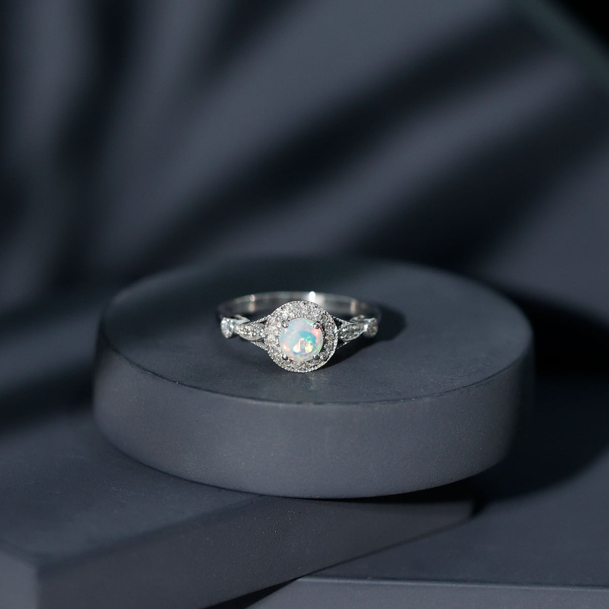 Genuine Ethiopian Opal Antique Looking Engagement Ring with Diamond Halo