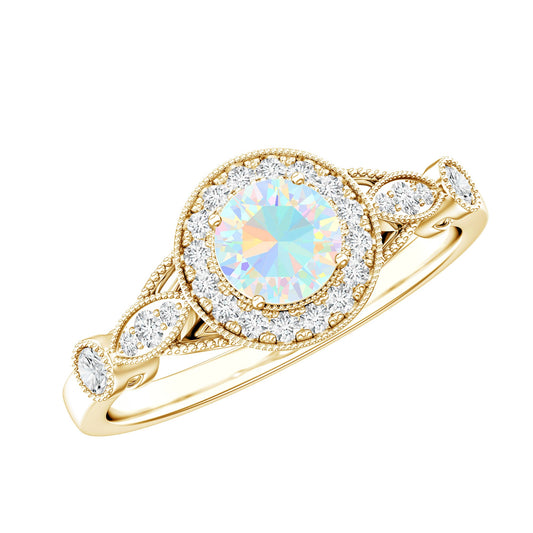 Anillo de compromiso genuino de ópalo etíope de aspecto antiguo con halo de diamantes