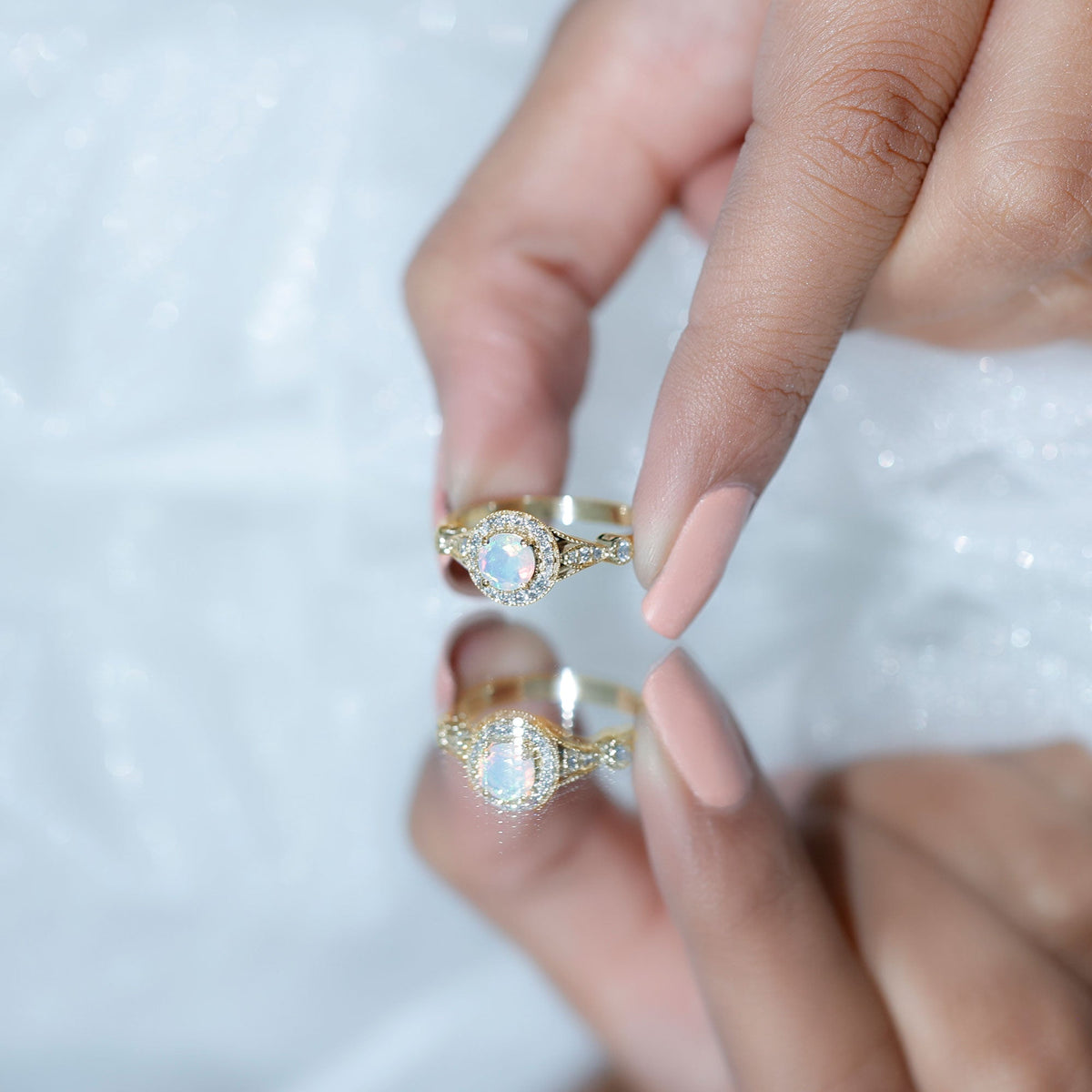 Genuine Ethiopian Opal Antique Looking Engagement Ring with Diamond Halo