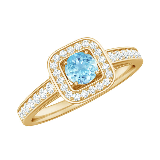 Anillo de compromiso de halo de aguamarina y diamantes de aspecto vintage para mujer