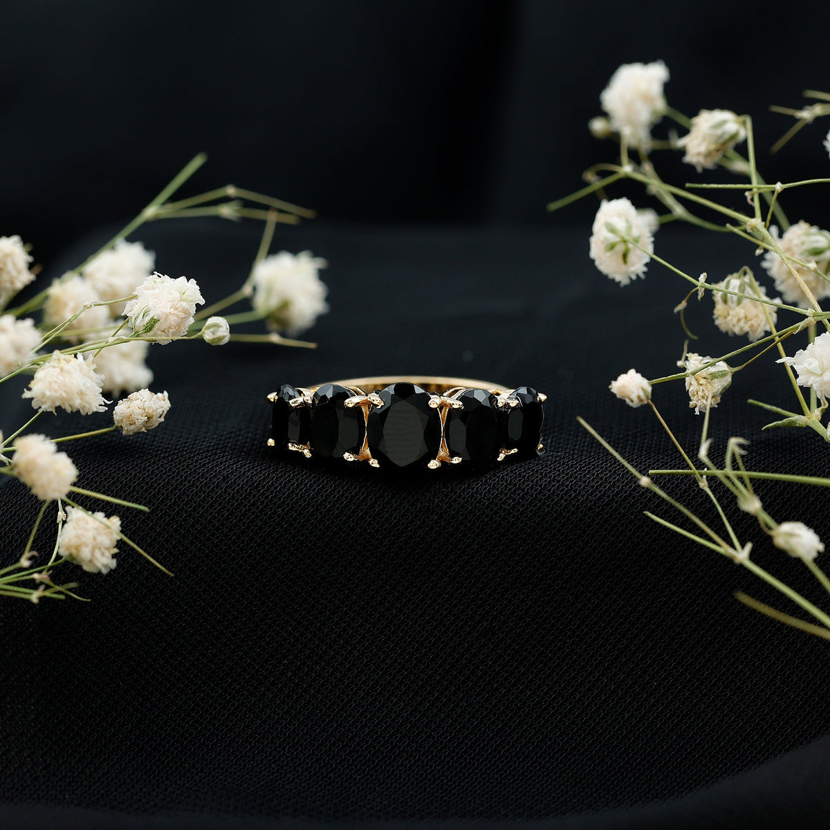 Oval Shaped Black Onyx 5 Stone Anniversary Ring