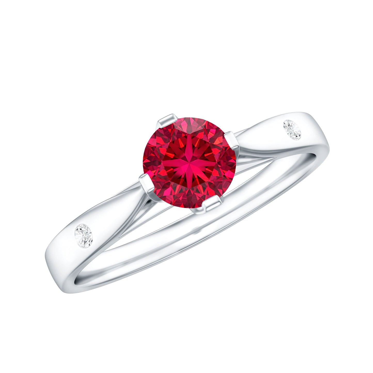 Anillo solitario de rubí redondo cultivado en laboratorio con diamante
