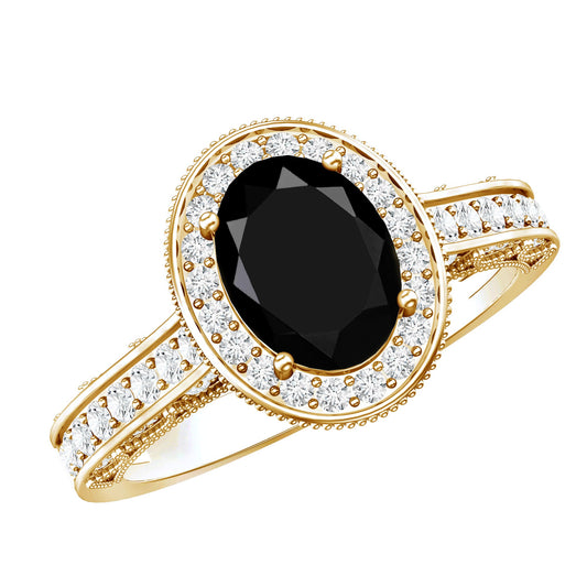 Anillo de compromiso ovalado de ónix negro de inspiración vintage con halo de diamantes