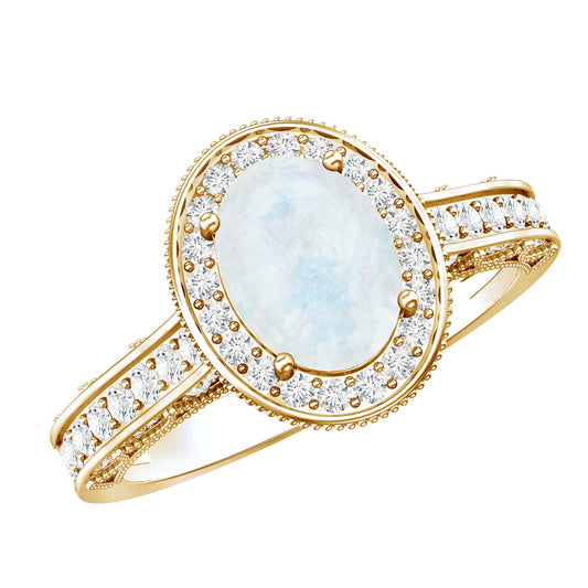 Anillo de compromiso de piedra lunar de 0,6 quilates y diamantes con detalles milgrain