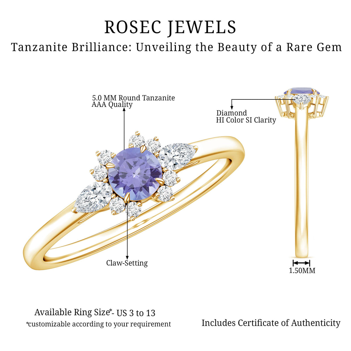 Anillo de promesa de tanzanita auténtica con diamante