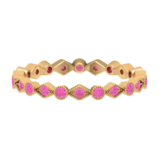 Anillo de eternidad apilable de zafiro rosa creado con vástago de cuentas