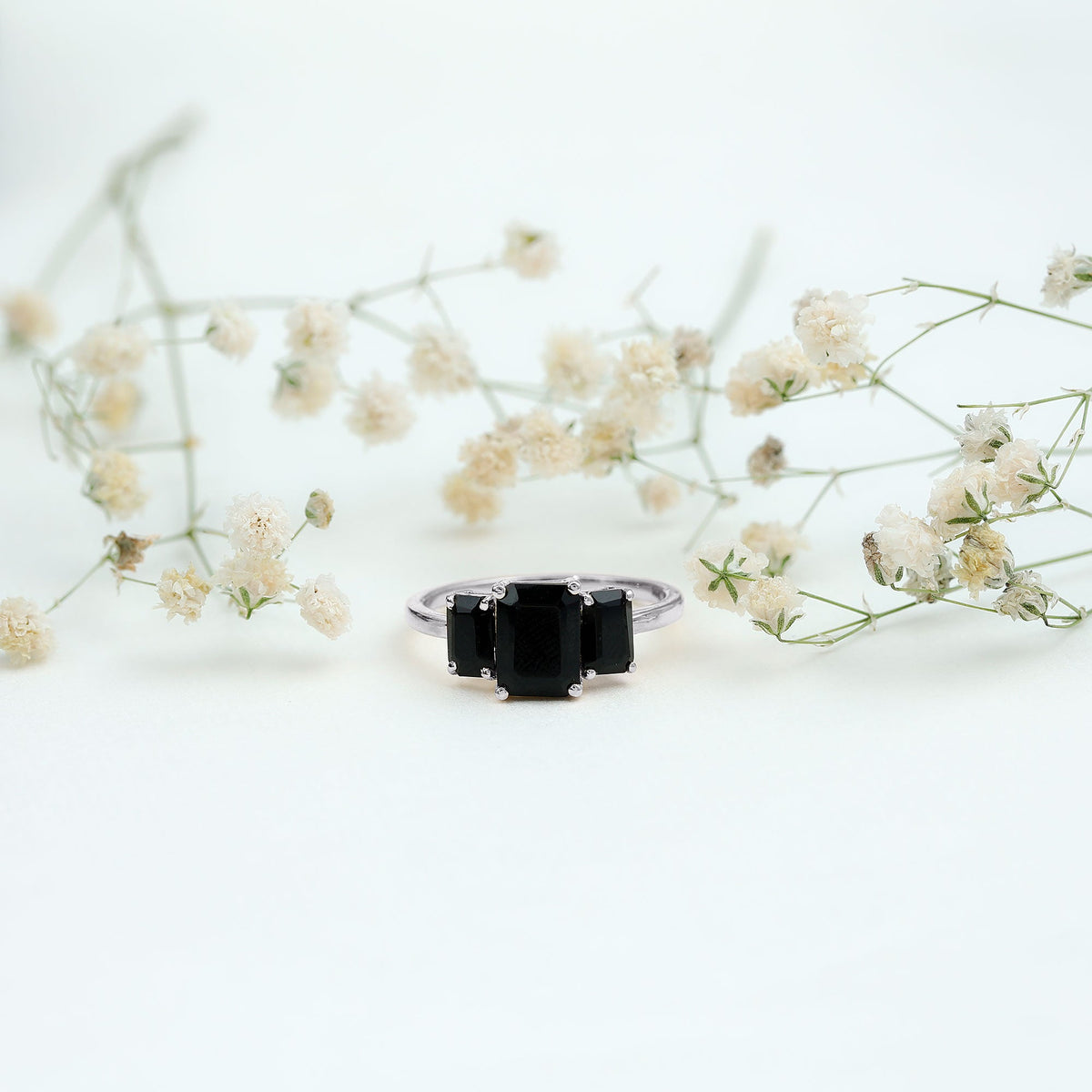 Emerald Cut Black Onyx Three Stone Engagement Ring