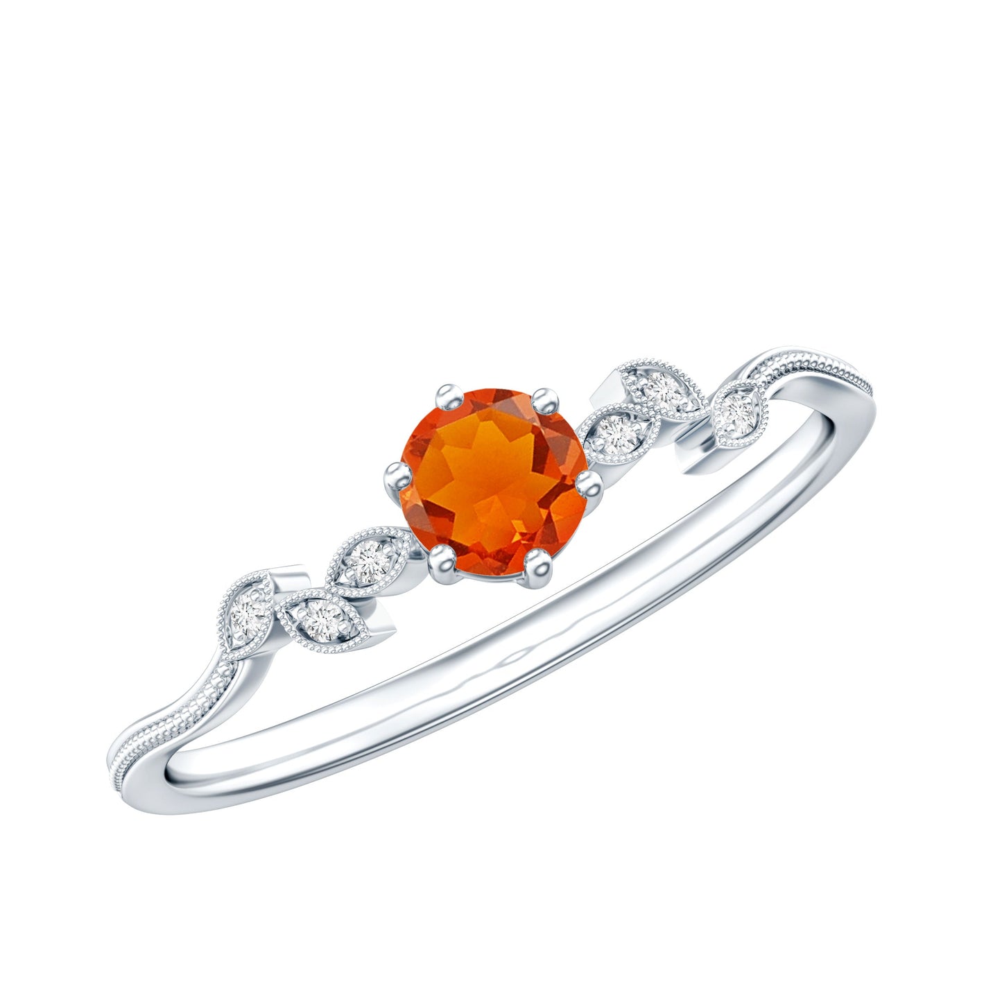 Anillo de compromiso con ópalo de fuego redondo, hoja y diamante