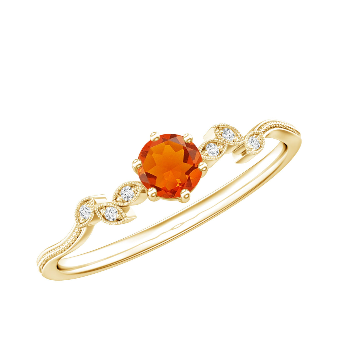 Anillo de compromiso con ópalo de fuego redondo, hoja y diamante