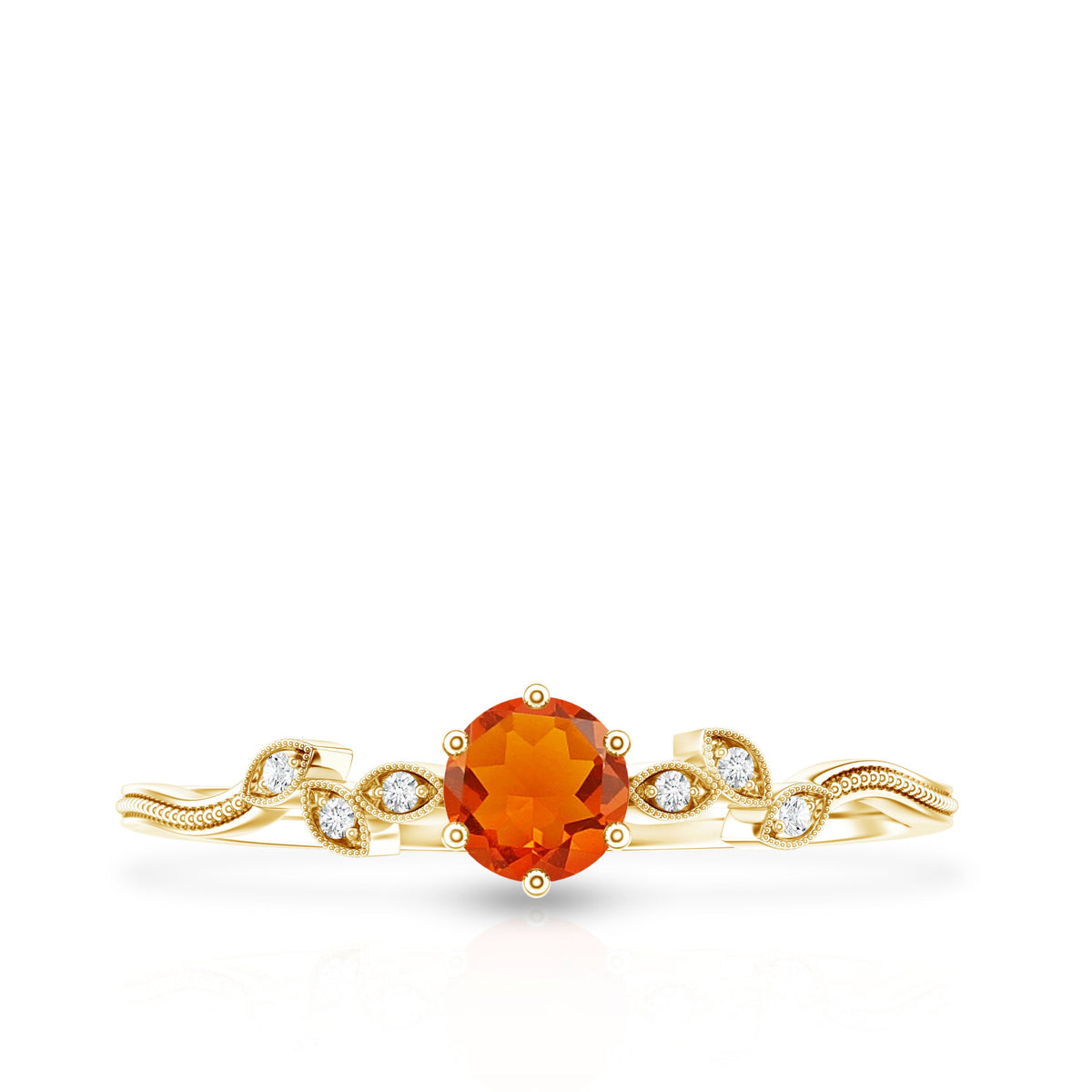 Anillo de compromiso con ópalo de fuego redondo, hoja y diamante