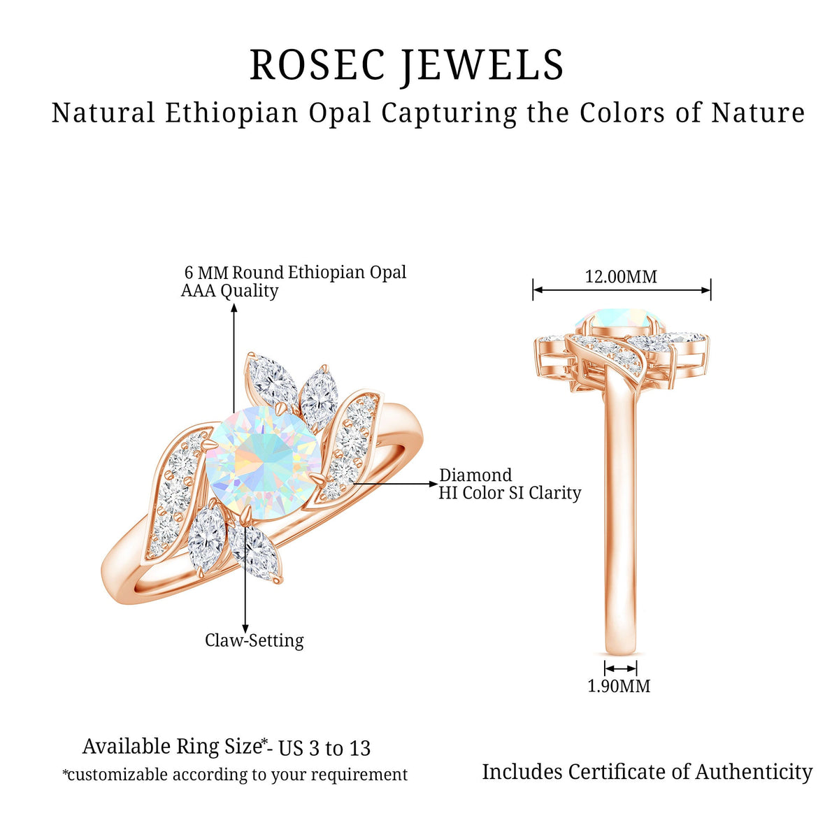 Anillo de compromiso de ópalo etíope y diamante inspirado en la naturaleza