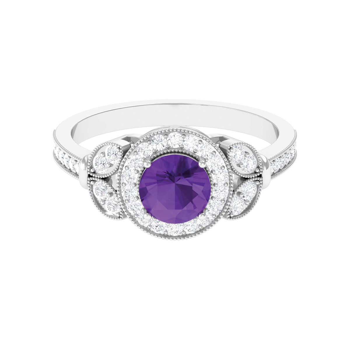 Anillo de compromiso estilo halo de amatista y diamantes de aspecto vintage