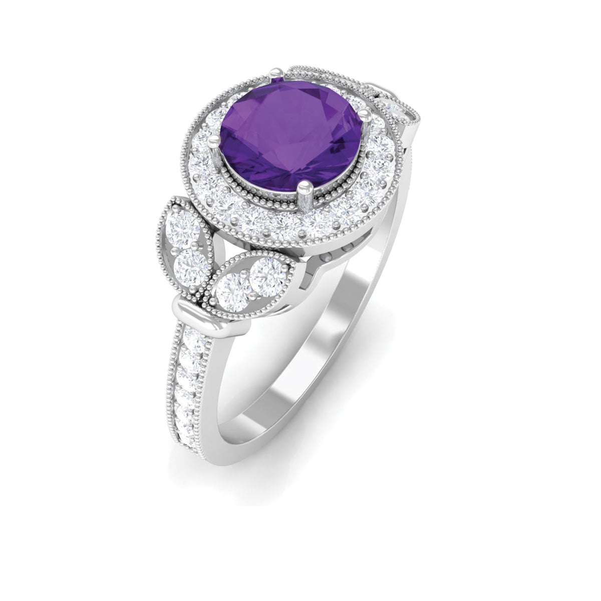 Anillo de compromiso estilo halo de amatista y diamantes de aspecto vintage