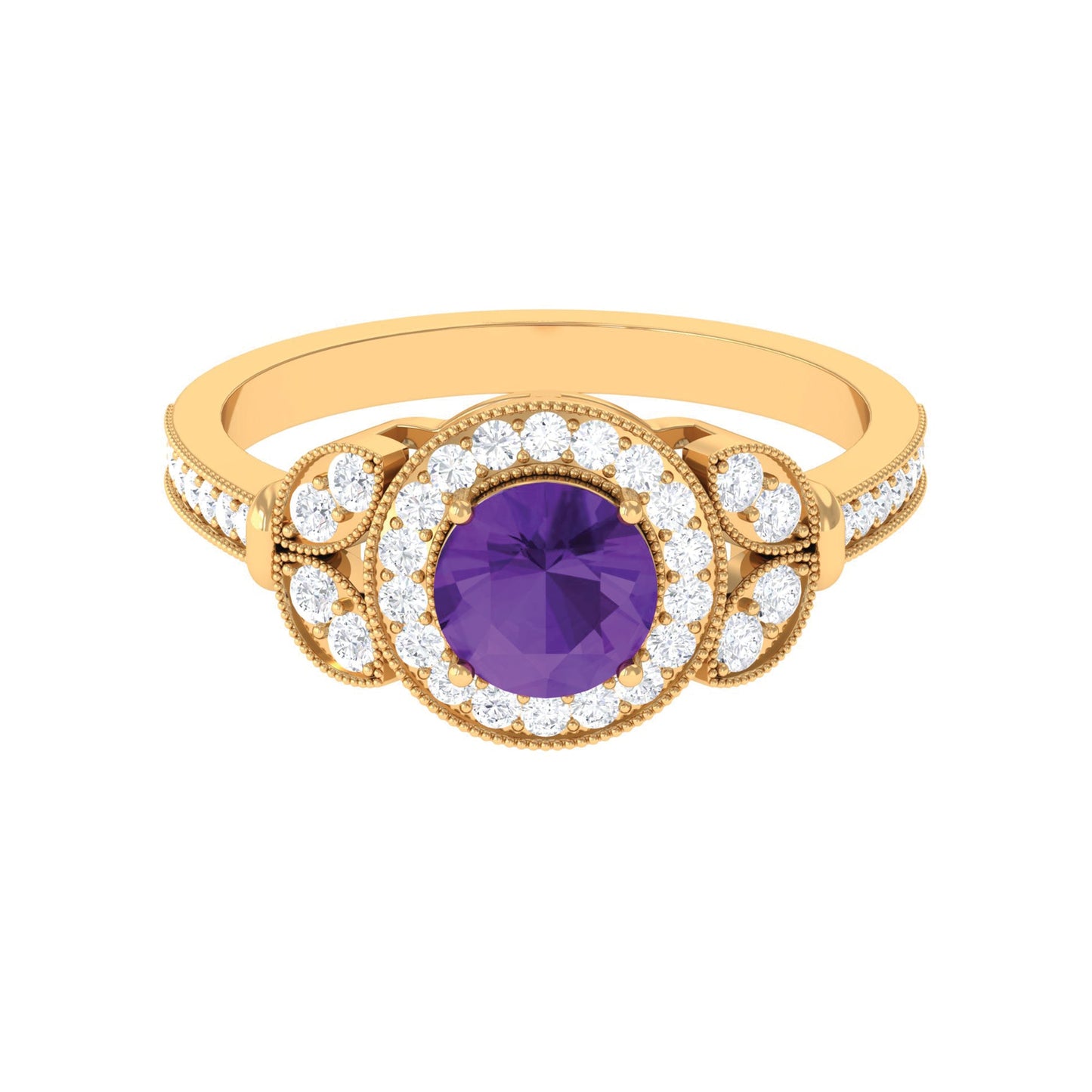 Anillo de compromiso estilo halo de amatista y diamantes de aspecto vintage