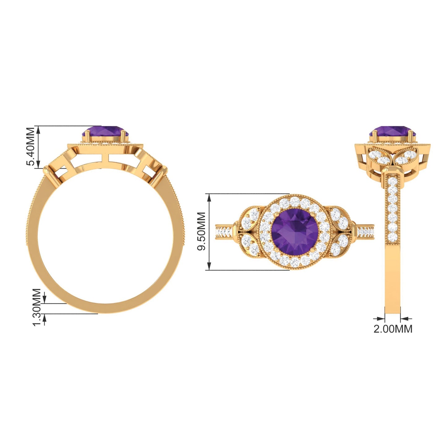 Anillo de compromiso estilo halo de amatista y diamantes de aspecto vintage