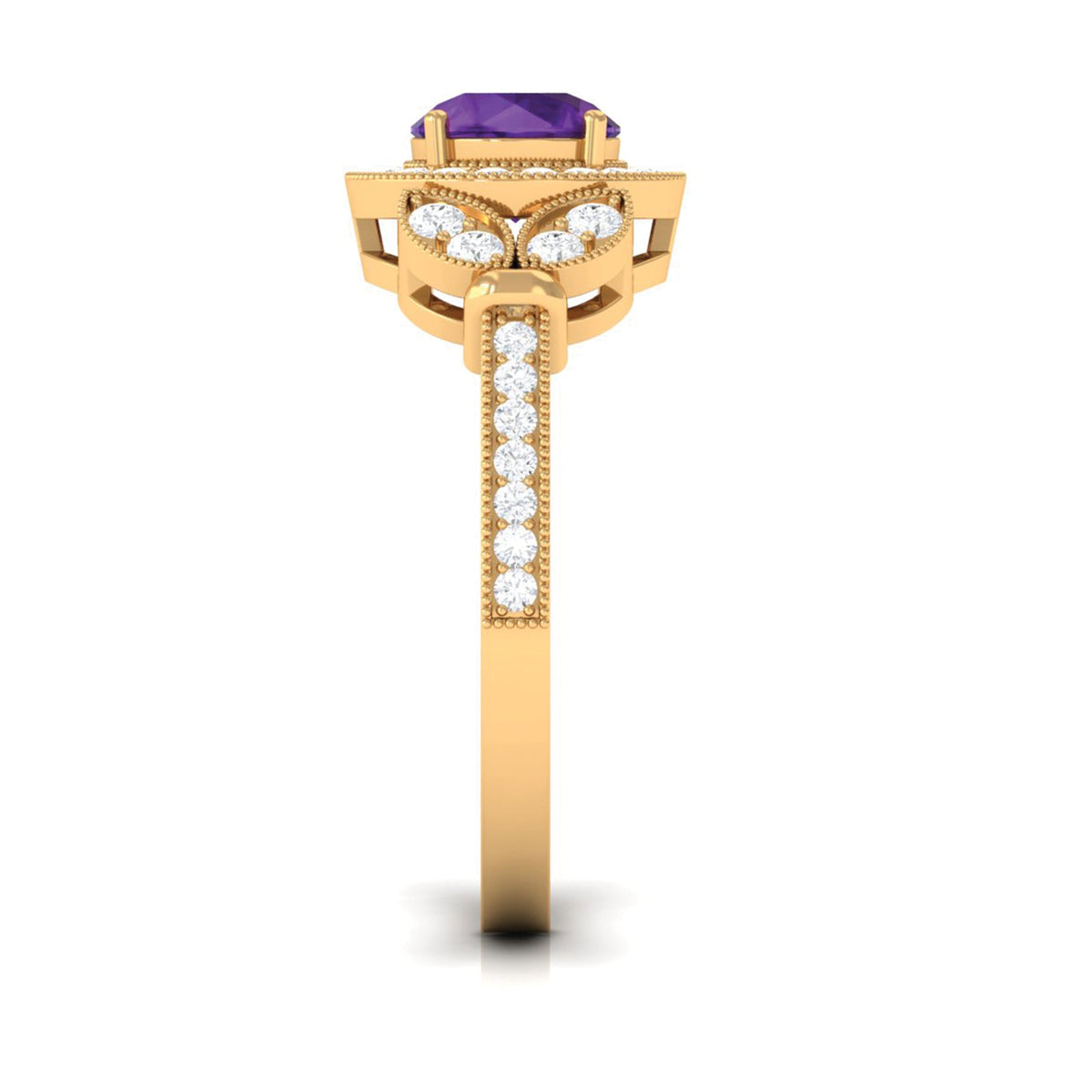 Anillo de compromiso estilo halo de amatista y diamantes de aspecto vintage