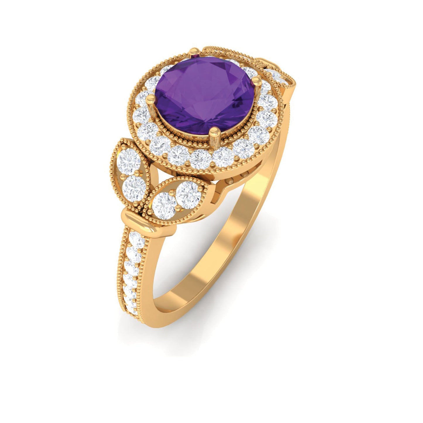 Anillo de compromiso estilo halo de amatista y diamantes de aspecto vintage
