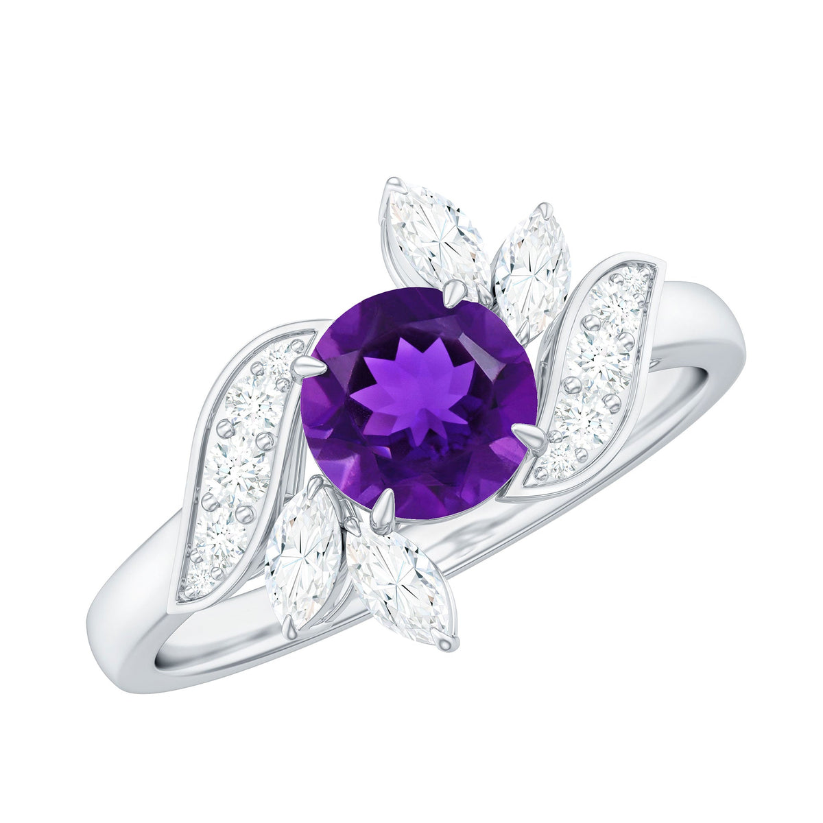 Anillo de compromiso de amatista de 1,2 quilates inspirado en la naturaleza con diamante