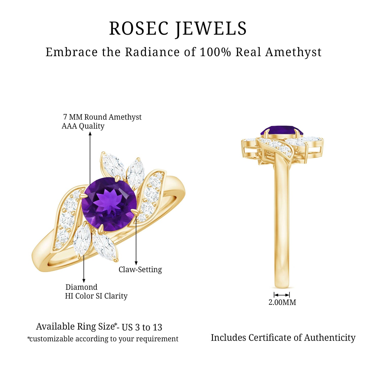 Anillo de compromiso de amatista de 1,2 quilates inspirado en la naturaleza con diamante