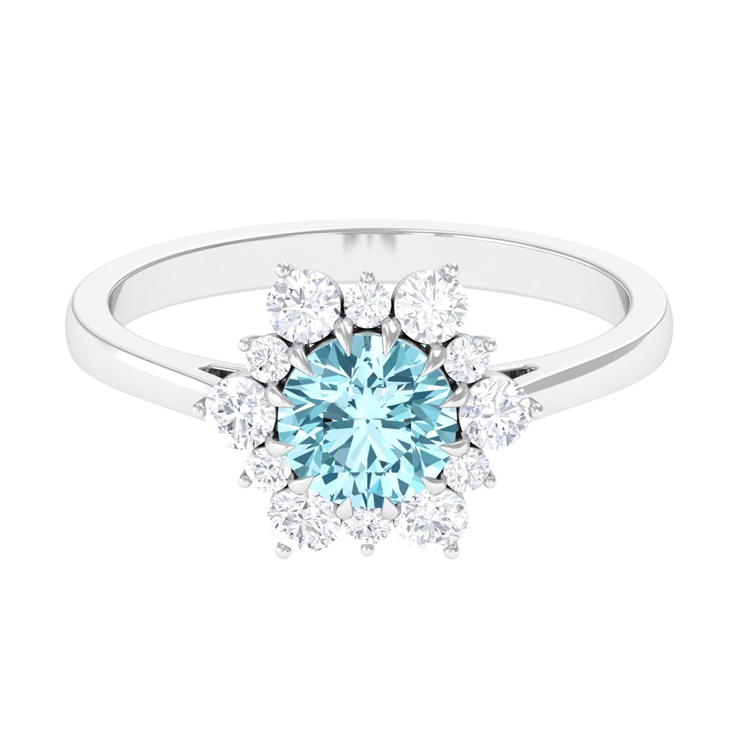 Anillo de compromiso llamativo de aguamarina natural de 0,8 CT con halo de diamantes