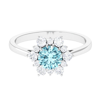 Anillo de compromiso llamativo de aguamarina natural de 0,8 CT con halo de diamantes